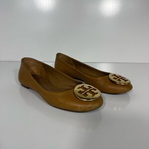 Tory Burch Cognac Leather Logo Round-Toe Flats